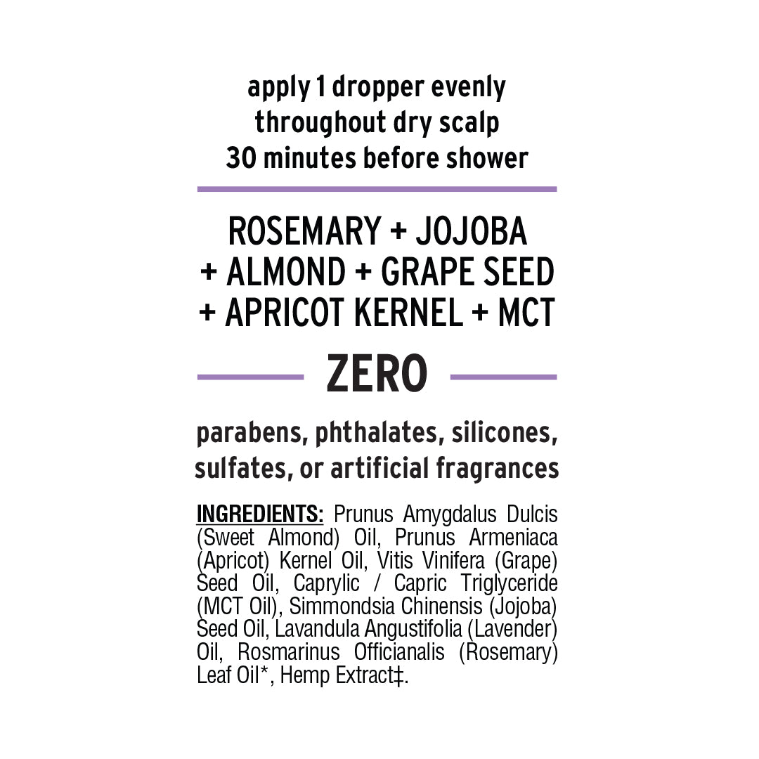 A label listing ingredients for the Broad Spectrum CBD Hair + Scalp Oil from Sunmed CBD, including rosemary, jojoba, almond, grape seed, apricot kernel, and MCT. This botanical blend promotes hair growth for luscious locks.