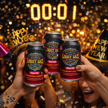 People in party hats toast Sunmed CBD’s Sunset Daze Delta 9 THC Seltzer Strawberry Lemonade at midnight, celebrating New Year’s amid falling confetti.