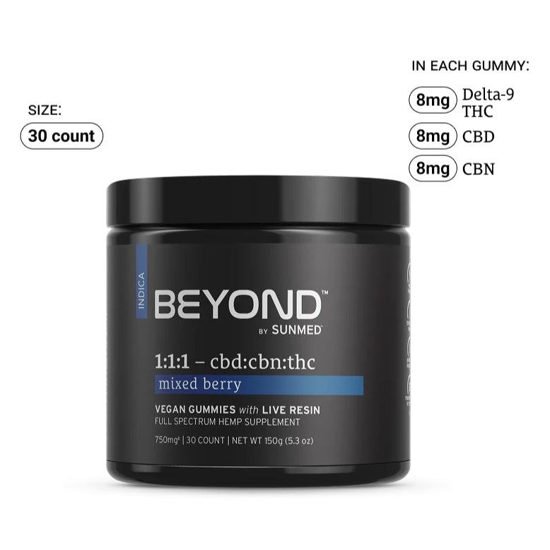 A jar of Sunmed CBD Beyond 1:1:1 Indica Live Resin Gummies Mobile, labeled with CBD, CBN, and THC content, plus size and dosage details.