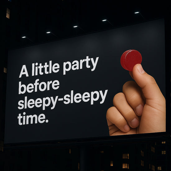 A hand holding a red gummy beside the text: 