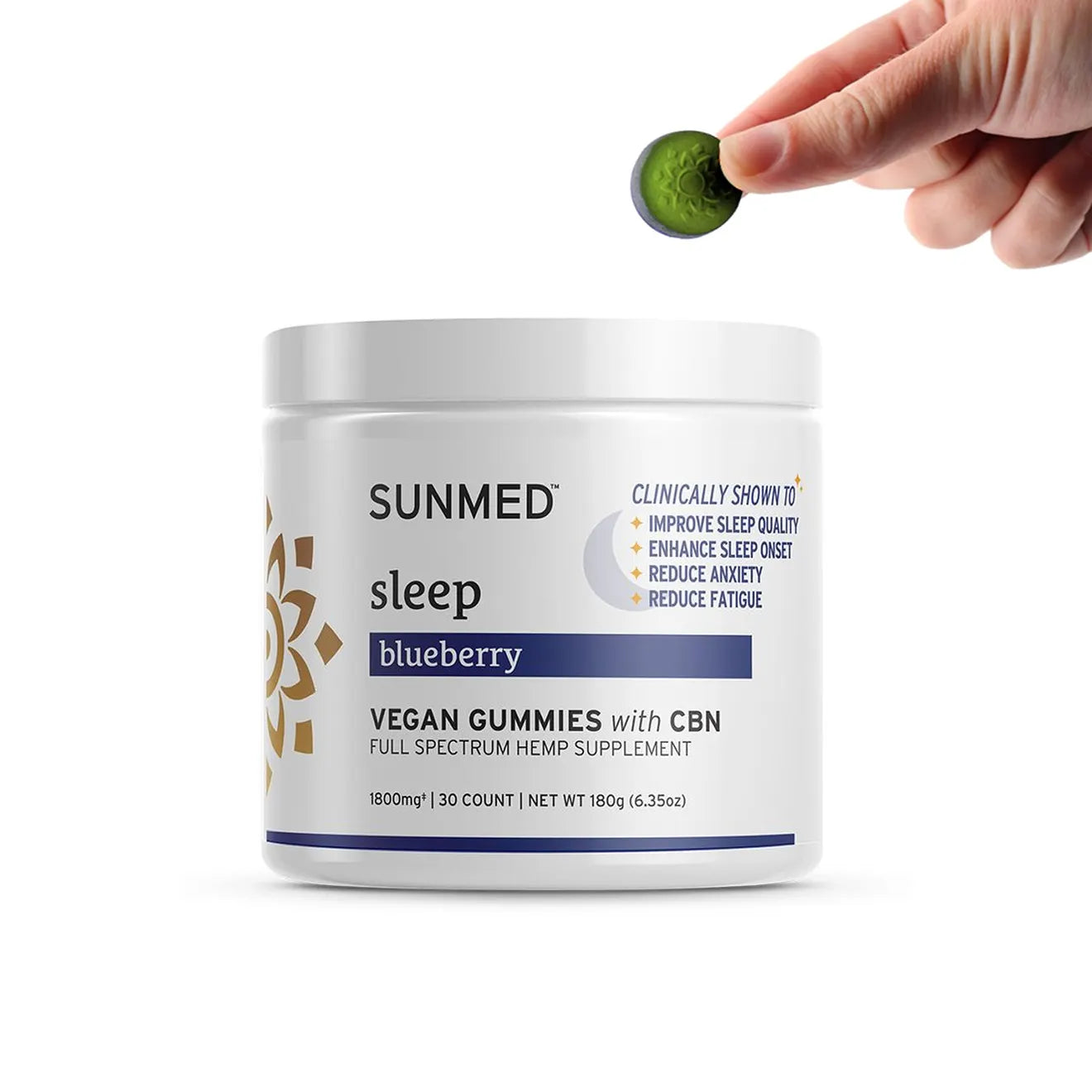 A container of Sunmed CBD Full Spectrum Sleep CBN Gummies, a blueberry vegan hemp sleep supplement. Also with gummy in hand.