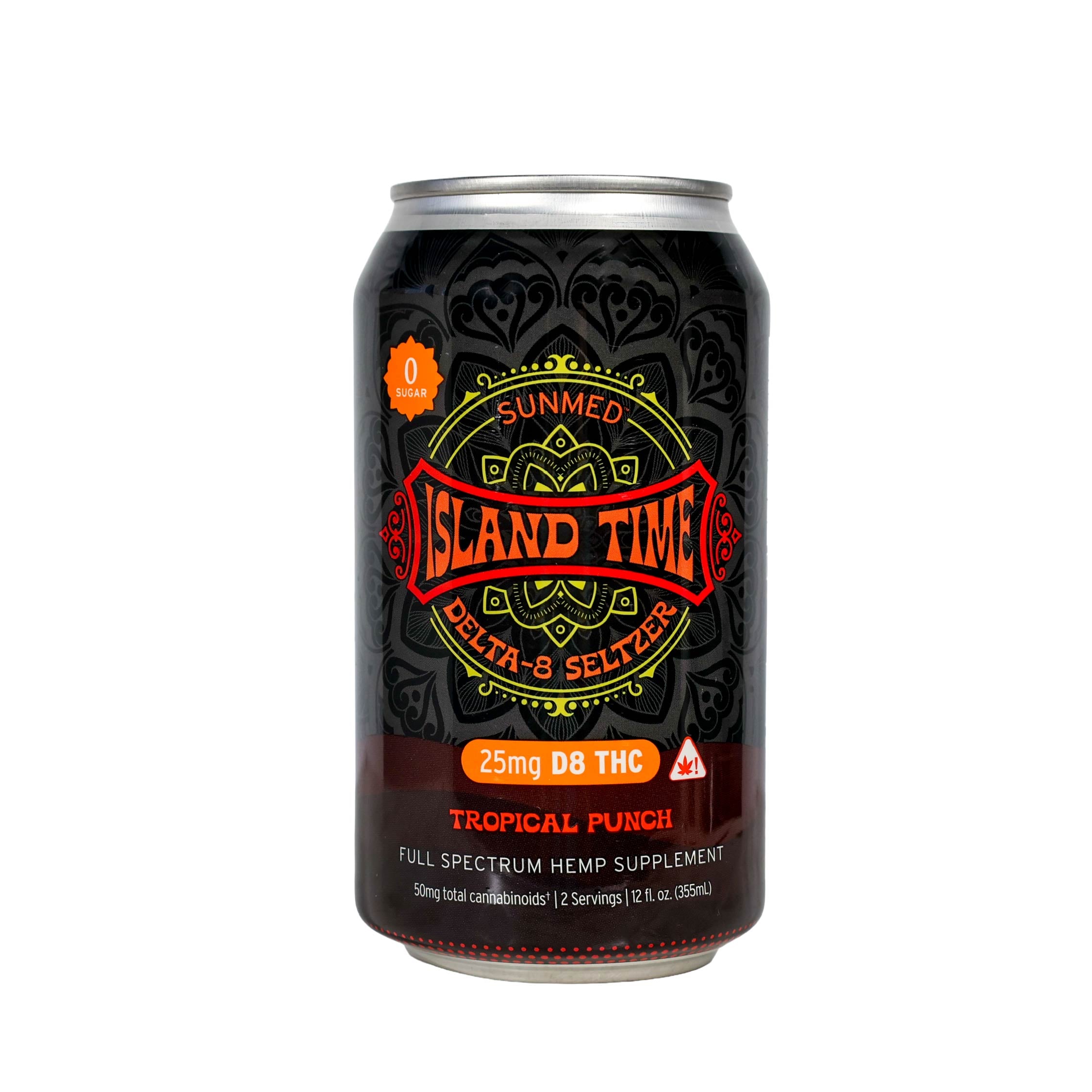 A can of ABOVE Island Time Delta-8 THC Seltzer by Sunmed CBD in Tropical Punch flavor features a bold, colorful label—an enticing hemp-derived alcohol alternative.