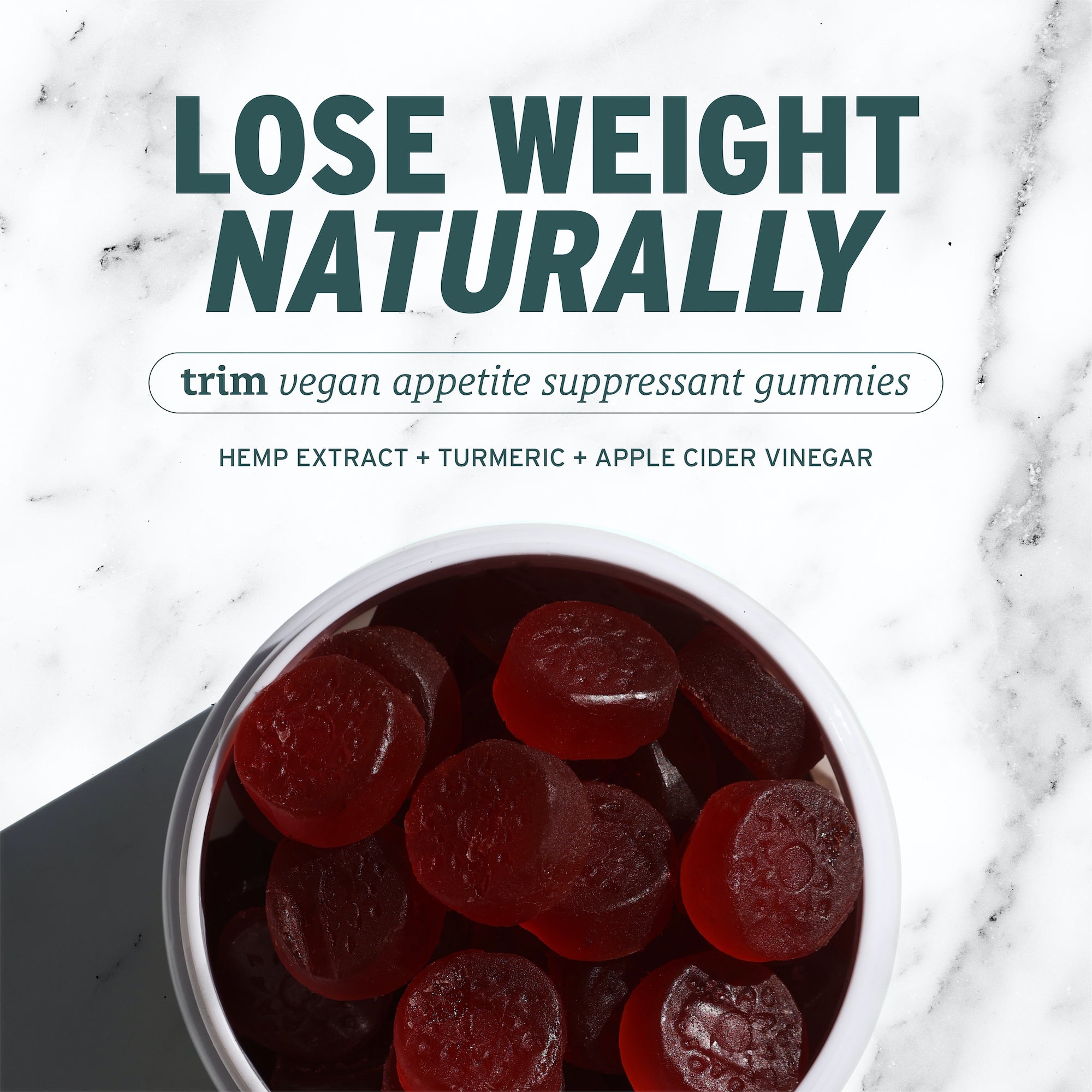 A bowl of red Full Spectrum Trim Weight Loss Gummies by Sunmed CBD under text that reads "LOSE WEIGHT NATURALLY".