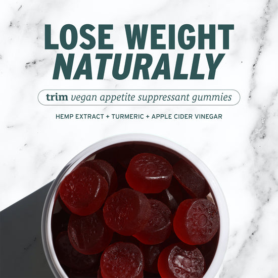 A bowl of red Full Spectrum Trim Weight Loss Gummies by Sunmed CBD under text that reads 