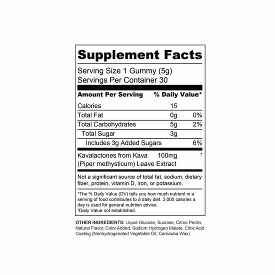 The Supplement Facts label for Sunmed CBD Kava Gummies shows serving size, calories, Kava root extract amount, kavalactone content, and other nutritional details for these relaxation gummies.