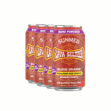 Four cans of Sunmed CBD Kava Seltzer - Blood Orange, a nano powered, non-alcoholic drink with kava root extract.