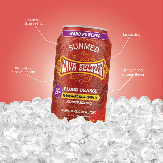 A can of Sunmed CBD Kava Seltzer - Blood Orange on ice highlights its rich blood orange flavor and kava root extract benefits, set against a vibrant red background.