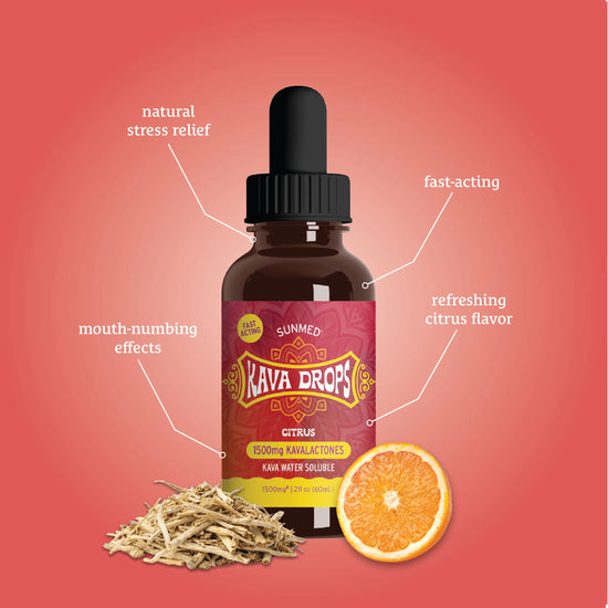 A bottle of Sunmed CBD Kava Water Soluble - Citrus with a dropper, orange slice, kava root extract, and labeled benefits for stress relief.