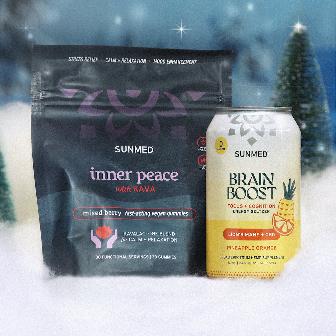 Sunmed CBD's Holiday Bundle features the "Inner Peace" Kava Gummies and the refreshing pineapple orange "Brain Boost" Energy Seltzer.