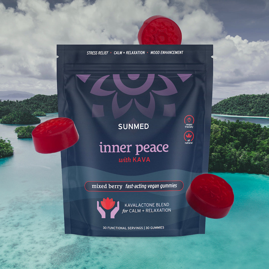 A package of Sunmed CBD Kava Gummies, infused with soothing kavalactones, is showcased against a tropical backdrop with red gummies floating close by.