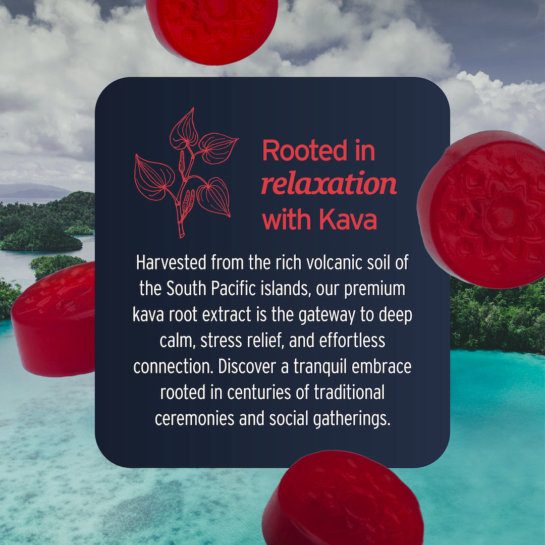 Against a backdrop of a tropical island and clouds, a serene scene unfolds with details about Sunmed CBD's Kava Gummies, emphasizing the calming effects of kavalactones found in Kava root extract.