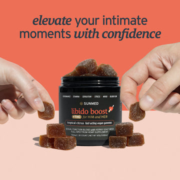 Hands holding gummies around a jar labeled "Libido Boost Gummies + THC" by Sunmed CBD, set against a background with the text, "Elevate your intimate moments with confidence through enhanced mood and sex drive.