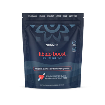 A package of Sunmed Libido Boost vegan gummies, tropical citrus flavor, 30 servings.