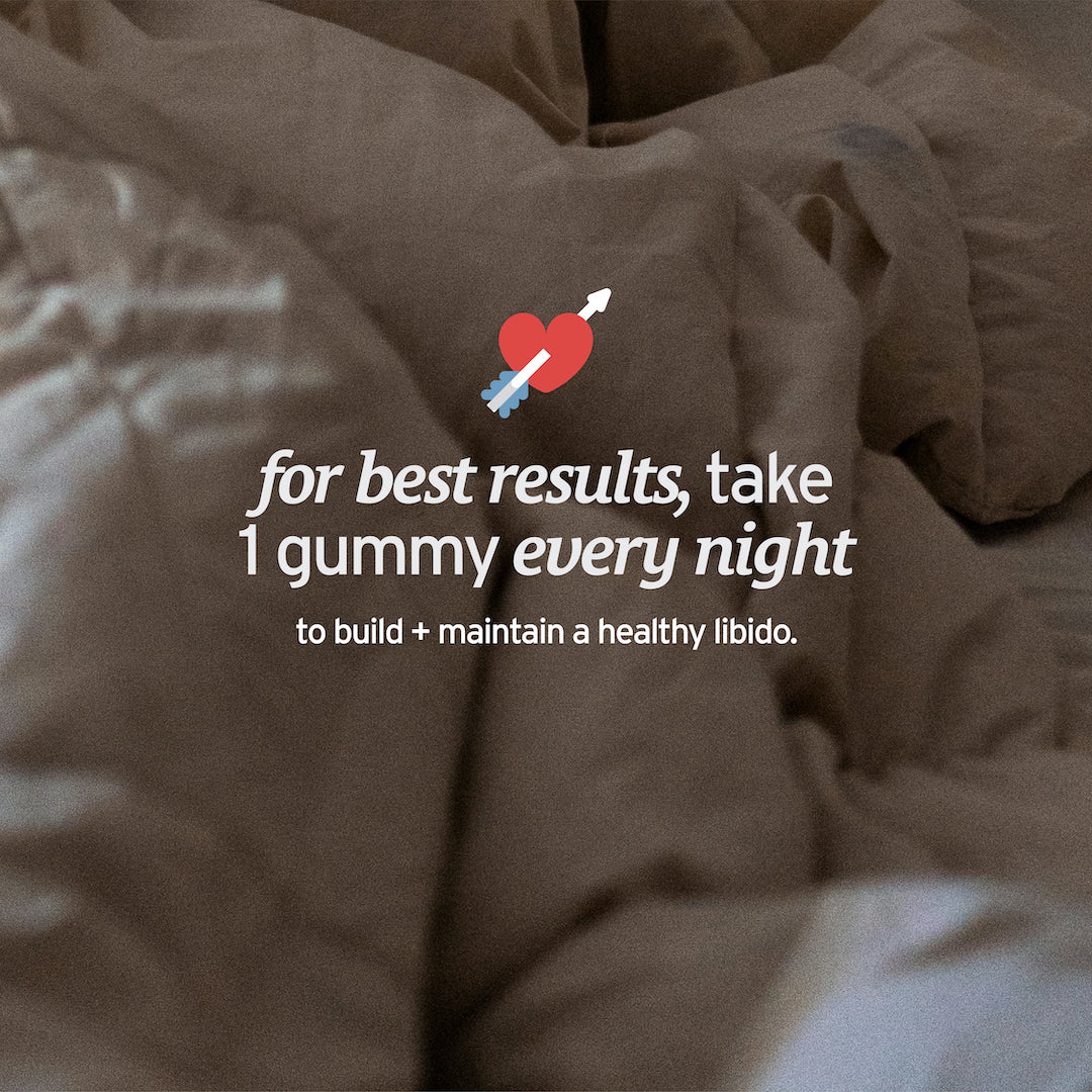 Image of crumpled sheets with text overlay: For best results, take 1 Sunmed CBD Libido Boost Gummy every night to build and maintain a healthy sex drive.