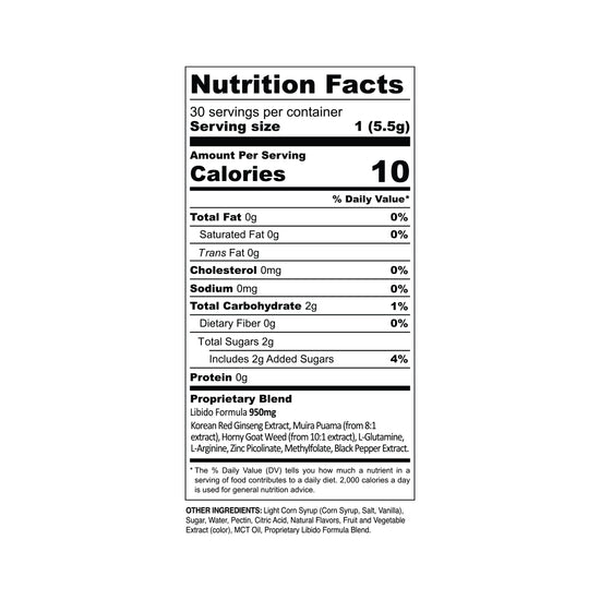 Nutrition Facts label for Sunmed CBD's Libido Boost Gummies: 10 calories and 1g carbs per serving. Includes ingredients, proprietary blend details, and natural aphrodisiacs designed to enhance your libido.