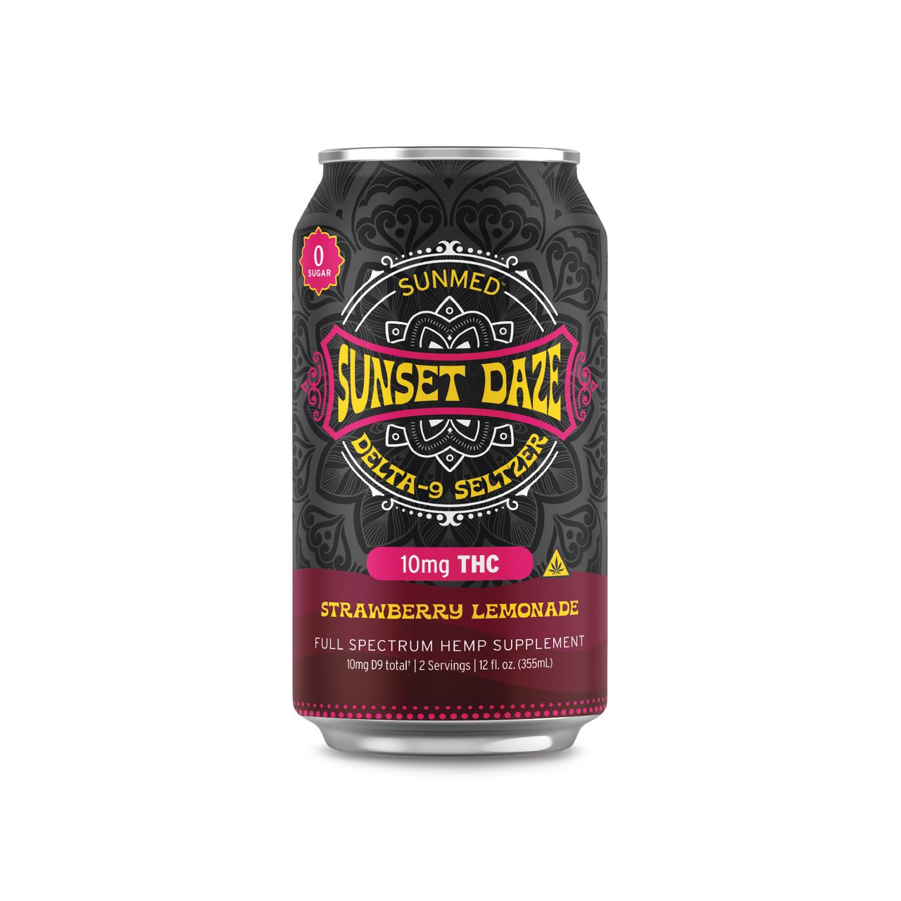 Sunmed CBD Sunset Daze Delta 9 THC Seltzer, Strawberry Lemonade—refreshing hemp beverage with a bold black and pink label, perfect for any occasion.
