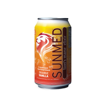 A can of Sunmed CBD Mushroom Seltzer, orange vanilla flavor, featuring a lion logo and details about its mushroom blend.
