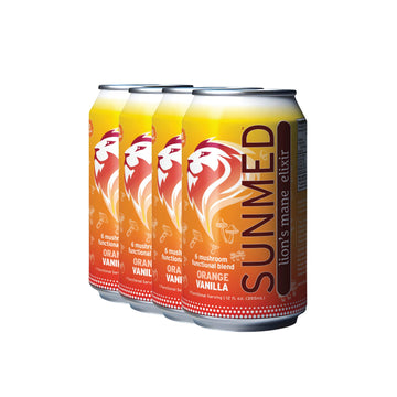 Four cans of Sunmed CBD Mushroom Elixr - 4 pack, an adaptogenic mushroom elixir in Orange Vanilla flavor, are arranged in a row on a white background.