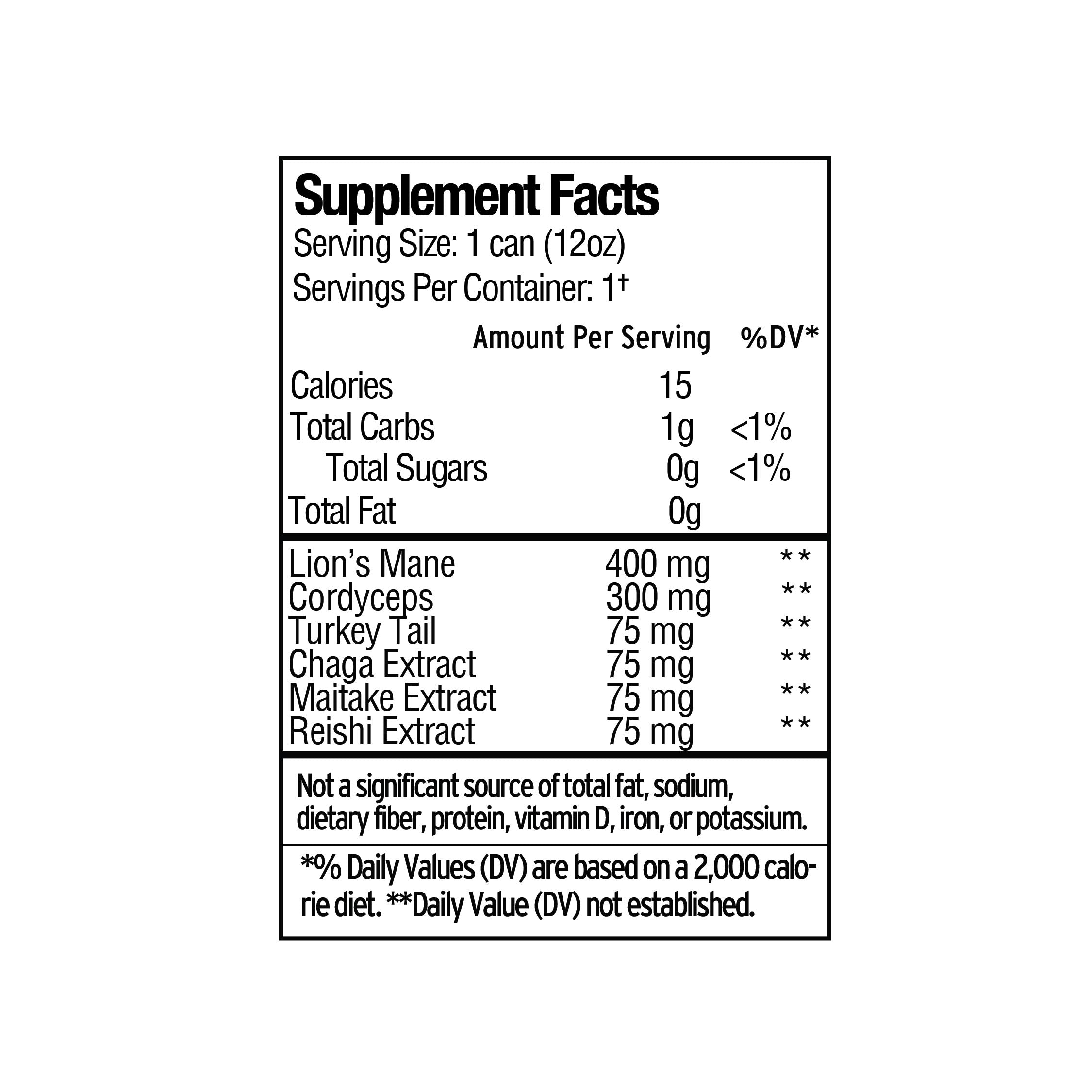 The Sunmed CBD Mushroom Elixr 4-pack features a supplement facts label with calories, carbs, sugars, plus adaptogenic mushrooms like Lion’s Mane and Cordyceps per can in this sparkling beverage.