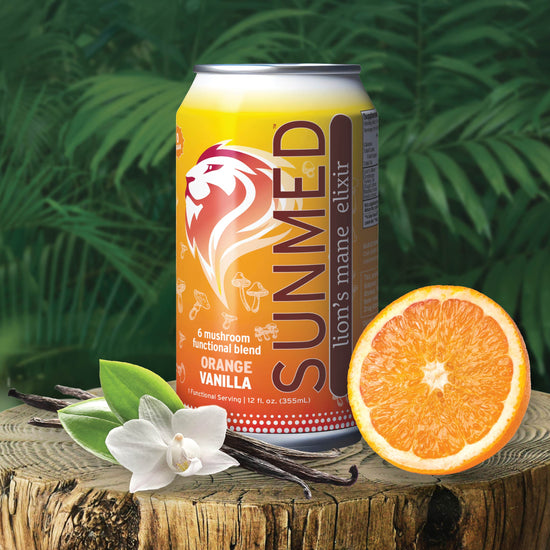 A can of Sunmed CBD Mushroom Seltzer featuring Lion’s Mane, orange, and vanilla beans sits on a tree stump with an orchid in a lush jungle background.