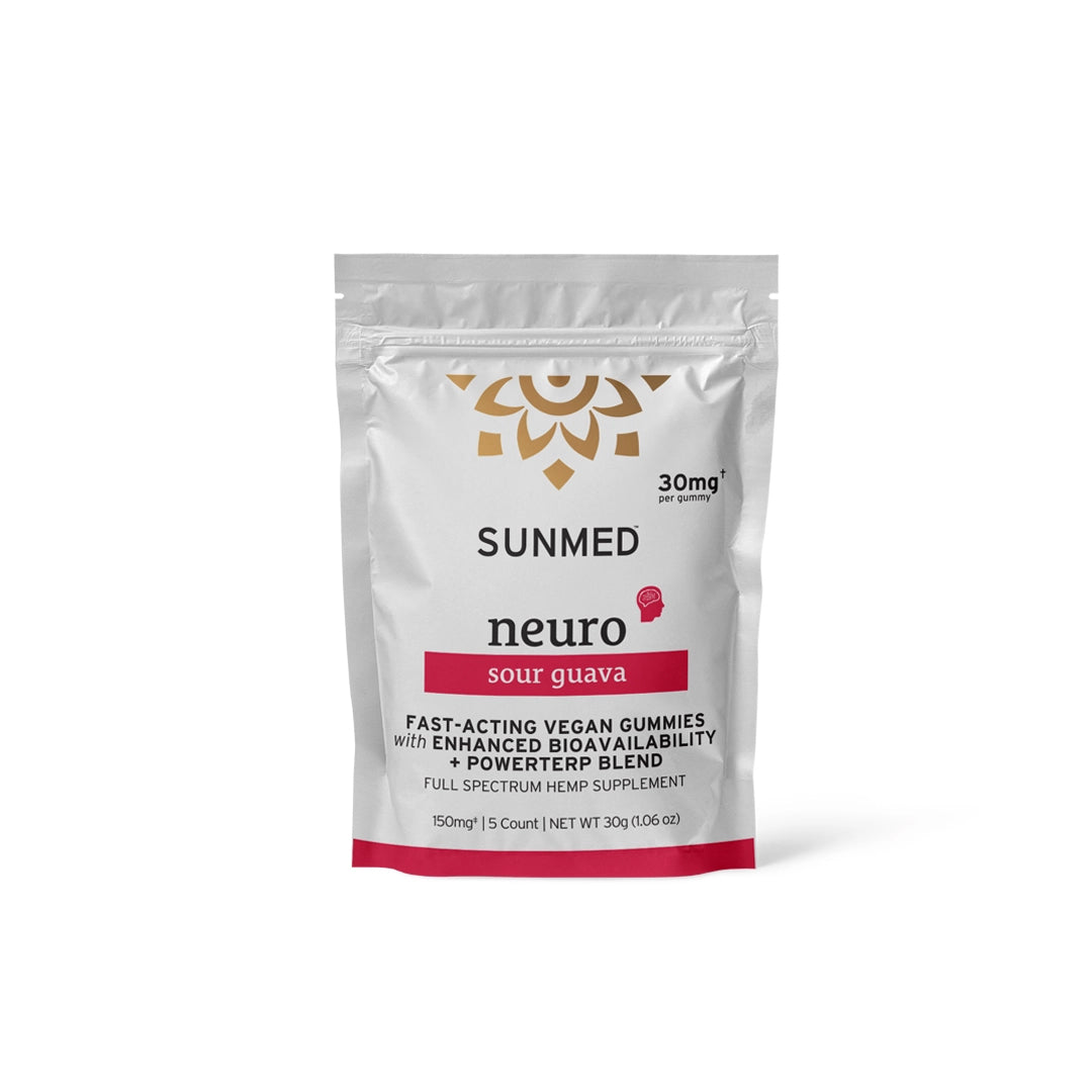 A white and red pack of Sunmed CBD Full Spectrum Neuro Water Soluble CBD Gummies Starter Pack featuring a sour guava flavor, vegan-friendly, with 30mg Full Spectrum CBD and enhanced bioavailability.