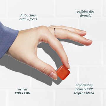 A hand holds a red gummy with text around it: "Full Spectrum Neuro Water Soluble CBD Gummies Starter Pack," "fast-acting calm + focus," "caffeine-free formula," "rich in CBD + CBG," "proprietary powerTERP terpene blend," and “Enhanced Bioavailability” by Sunmed CBD.