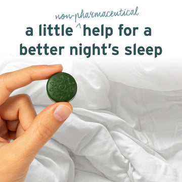 A hand holding a green tablet above white bedding, with text describing the Sunmed CBD Full Spectrum Sleep CBN Gummies Starter Pack—a non-pharmaceutical sleep aid—highlighting how options like these are being explored in current clinical trials.