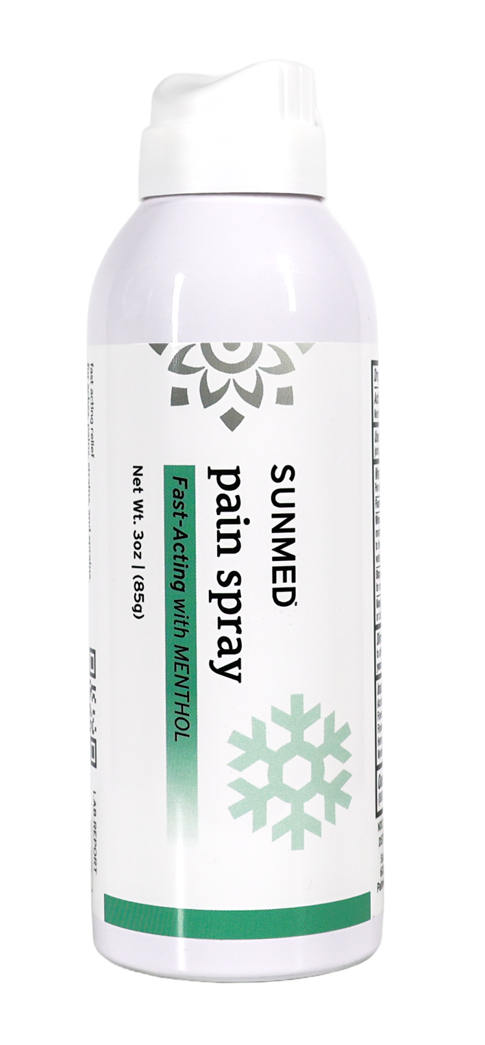 White can of Sunmed CBD Broad Spectrum CBD Menthol Spray for Pain with green accents and a snowflake design, labeled 