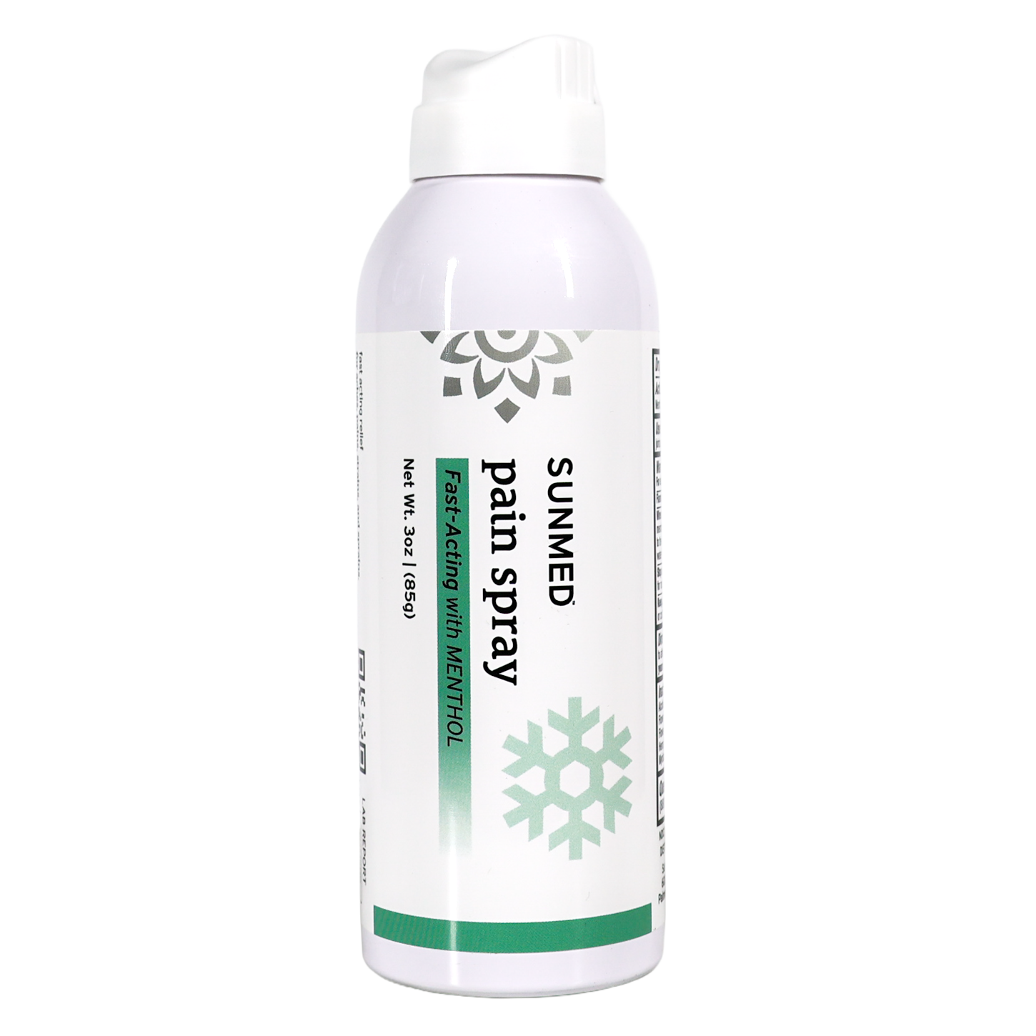 White bottle of Sunmed CBD Broad Spectrum CBD Menthol Spray for Pain, featuring green accents and snowflake graphics. This topical analgesic provides fast, soothing relief on contact.