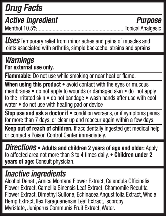 Drug facts label detailing uses, warnings, directions, and ingredients for Sunmed CBD’s Broad Spectrum CBD Menthol Spray for Pain, a topical analgesic offering fast pain relief.