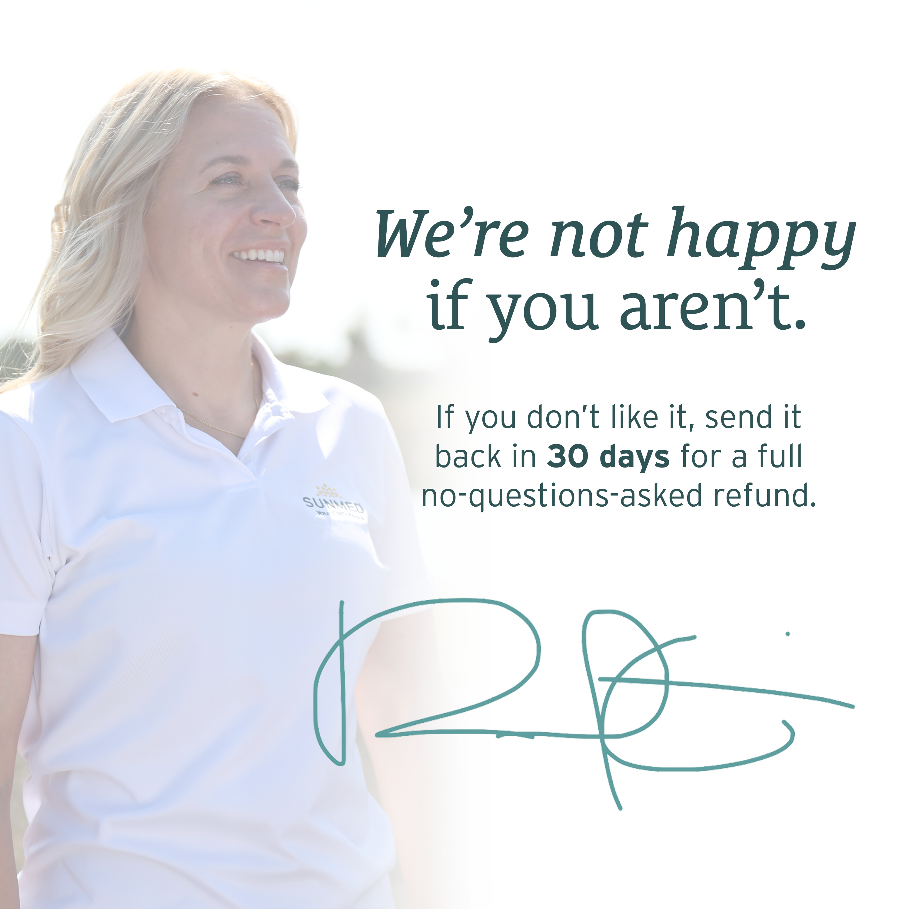 Smiling woman in a white polo stands beside a satisfaction guarantee and signature graphic, highlighting Sunmed CBD’s trusted Full Spectrum Trim Weight Loss Capsules.