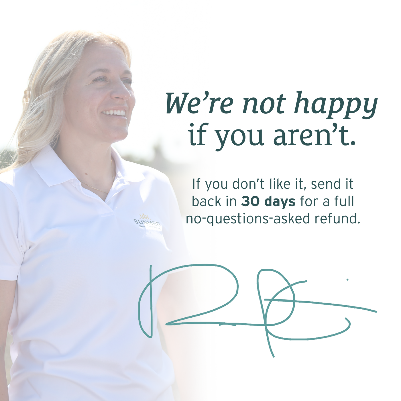 Smiling woman in a white polo stands beside a satisfaction guarantee and signature graphic, highlighting Sunmed CBD’s trusted Full Spectrum Trim Weight Loss Capsules.