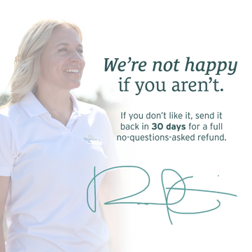 Smiling woman in a white polo stands beside a satisfaction guarantee and signature graphic, highlighting Sunmed CBD’s trusted Full Spectrum Trim Weight Loss Capsules.