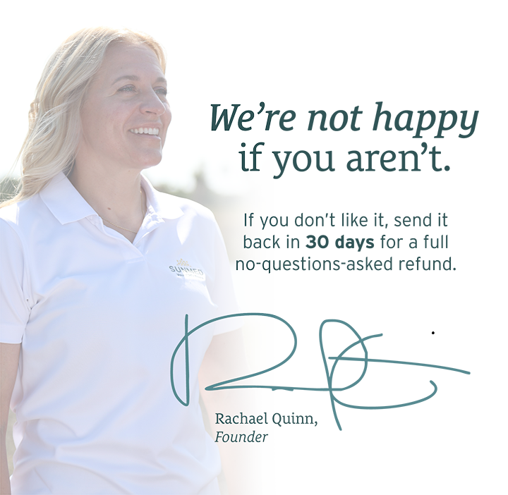 Smiling woman in a white polo stands beside text offering a 30-day, no-questions-asked refund guarantee on Sunmed CBD Beyond 1:1:1 Indica Live Resin Gummies.