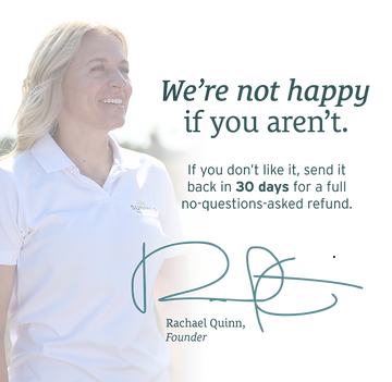 Smiling woman in a white polo stands beside text offering a 30-day, no-questions-asked refund guarantee on Sunmed CBD Beyond 1:1:1 Indica Live Resin Gummies.