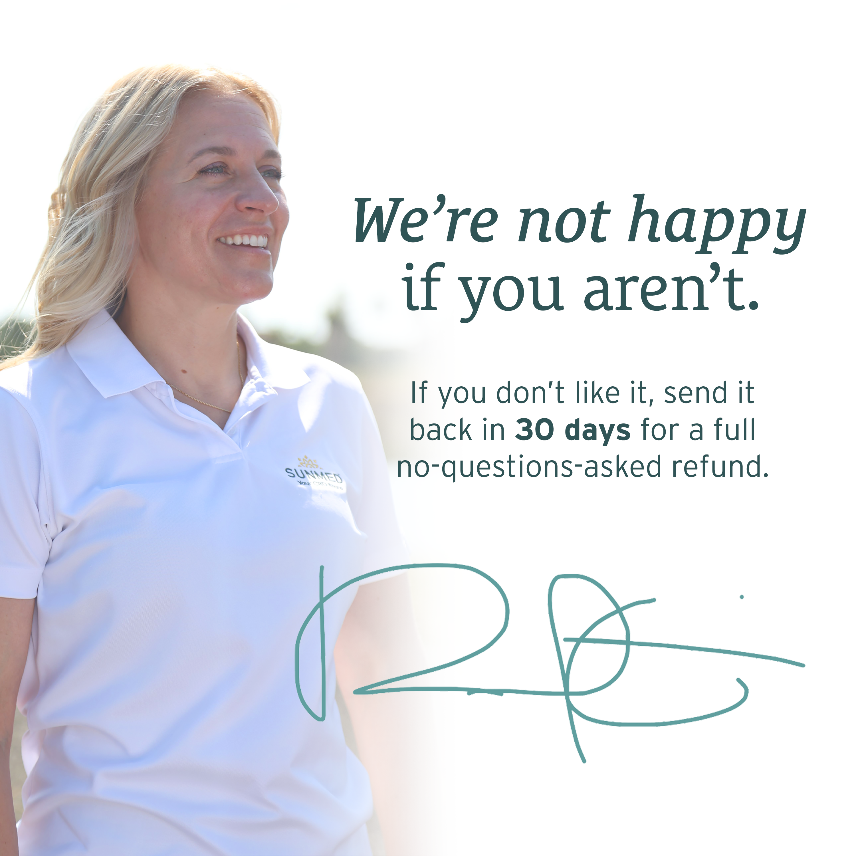 A smiling woman in a white polo stands by a 30-day refund guarantee message with a signature, showcasing the benefits of Sunmed CBD’s Broad Spectrum Relief CBD Cream.