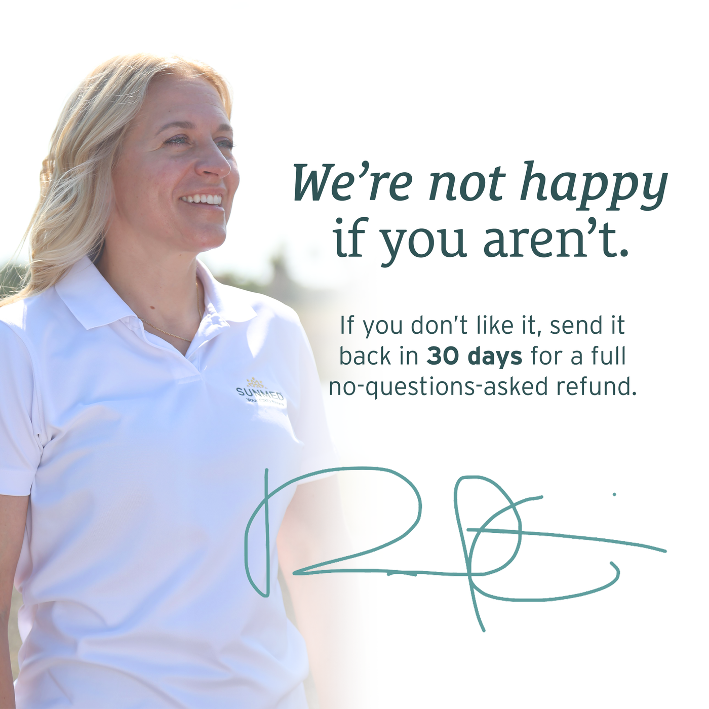 A smiling woman in a white polo stands by a 30-day refund guarantee message with a signature, showcasing the benefits of Sunmed CBD’s Broad Spectrum Relief CBD Cream.