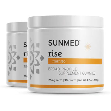 Two jars from the *20% Off* Sunmed CBD Broad Profile Rise Gummies 2-pack, each containing 30 mango-flavored gummies with 25mg per piece in white packaging.