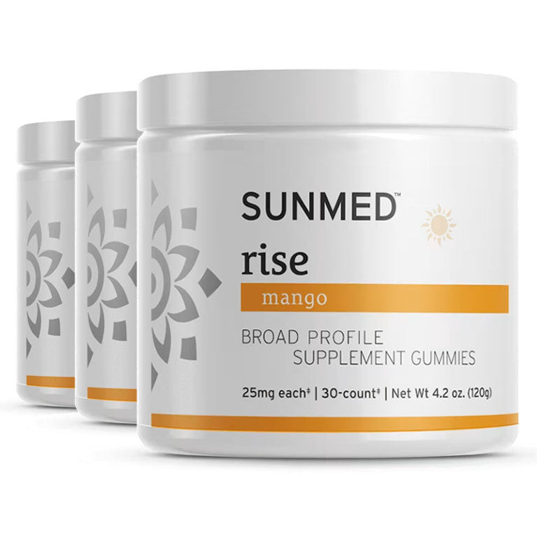 Three jars of Sunmed CBD *30% Off* - Broad Profile Rise Gummies 3-pack, each labeled 25mg, 30-count, 4.2 oz.