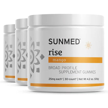 Three jars of Sunmed CBD *30% Off* - Broad Profile Rise Gummies 3-pack, each labeled 25mg, 30-count, 4.2 oz.