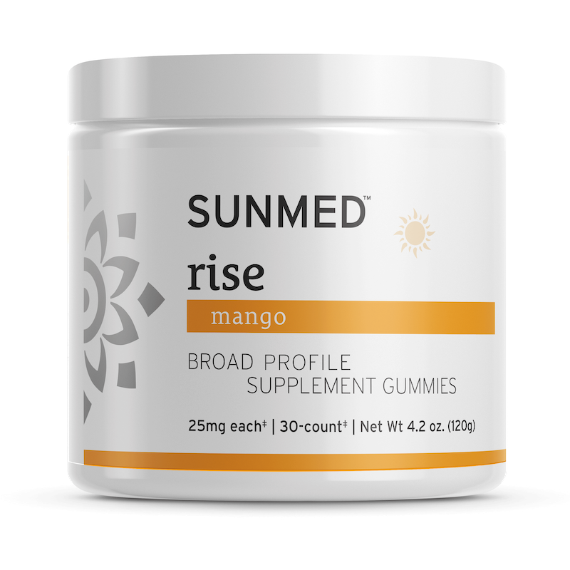 White jar labeled “Sunmed CBD *15% Off* - Broad Profile Rise Gummies” with orange accents, 30-count.