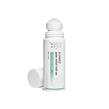 Sunmed CBD Broad Spectrum CBD Lidocaine Roll-On bottle with a green label and a white cap placed beside it, perfect for muscle strains and pain relief.