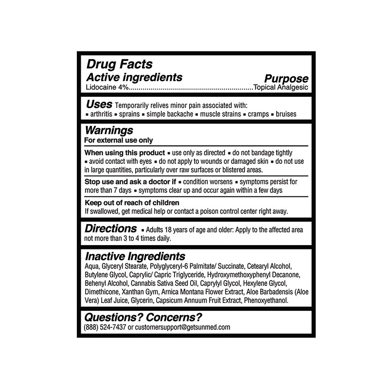 The Drug Facts label for the Sunmed CBD Broad Spectrum CBD Lidocaine Roll-On for Pain includes details about active and inactive ingredients, usage instructions, warnings, directions for pain relief and muscle strains, as well as contact information.