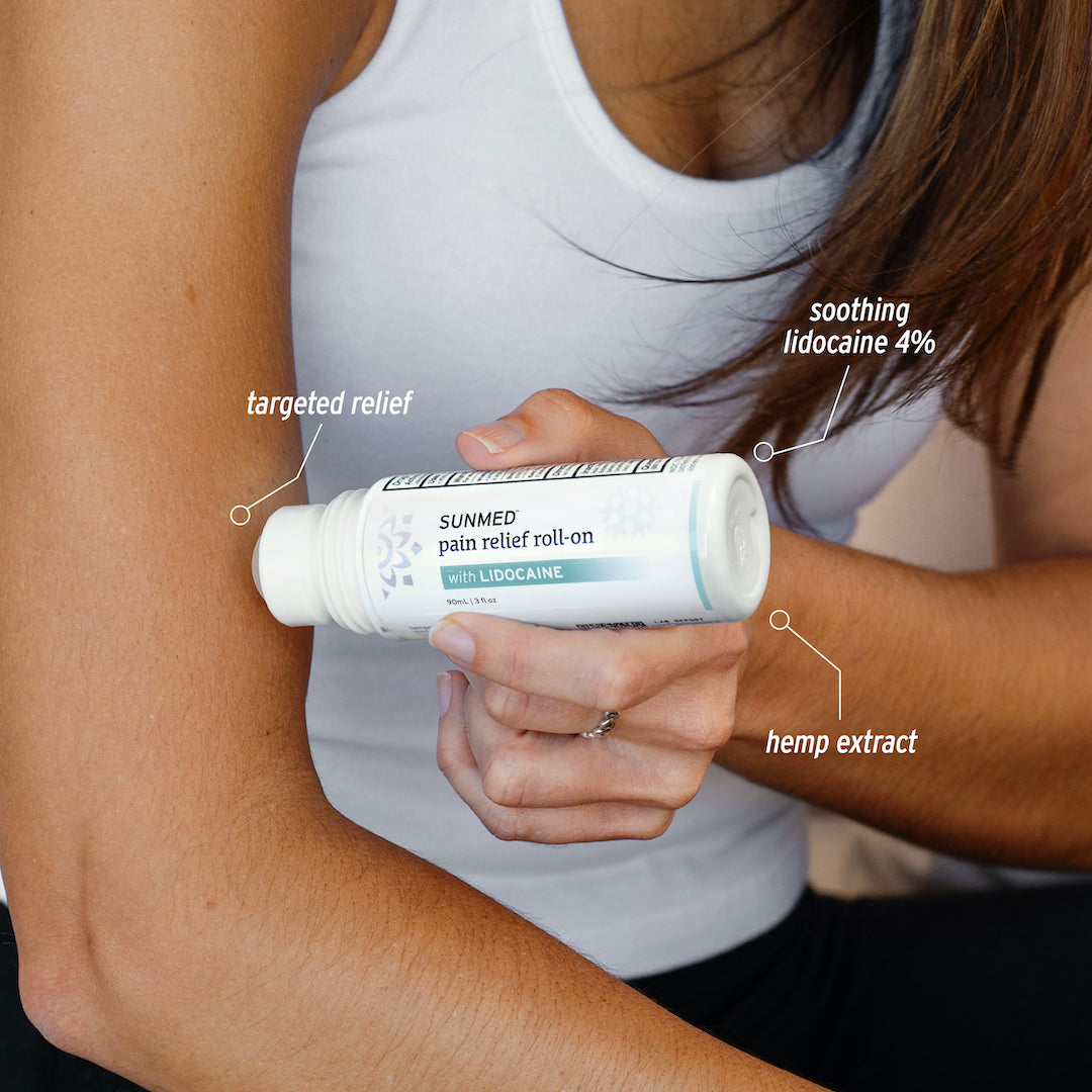 A person applying Sunmed CBD's Broad Spectrum CBD Lidocaine Roll-On for Pain to their arm, highlighting targeted relief for muscle strains with soothing lidocaine 4% and hemp extract.