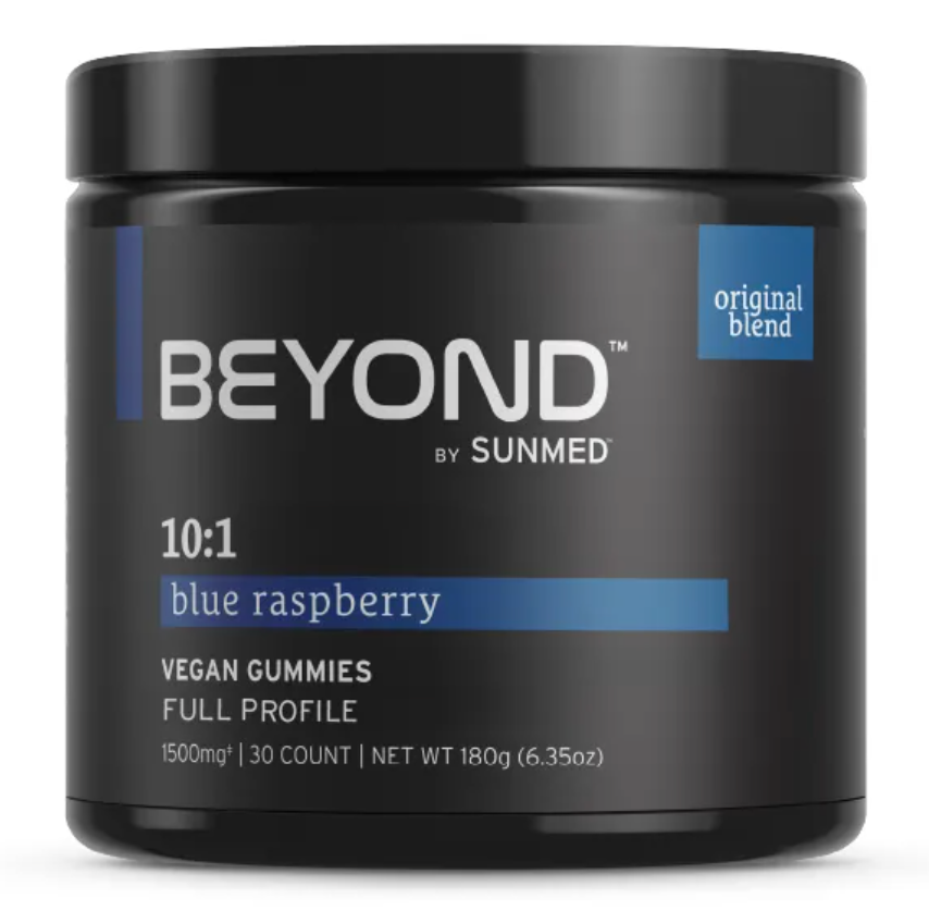 A jar labeled “Sunmed CBD *15% Off* - Beyond Gummies 30ct, blue raspberry vegan gummies, 1500mg, original blend.”.
