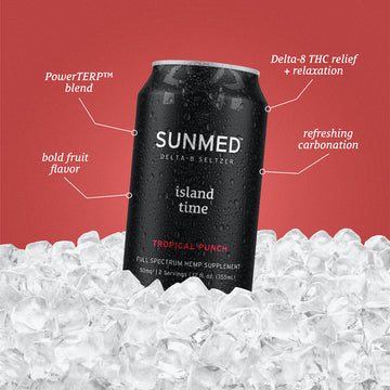 A Sunmed CBD Above Island Time Delta-8 THC Seltzer from the 4-pack sits on ice, showcasing its features and benefits as a refreshing alternative to alcohol.