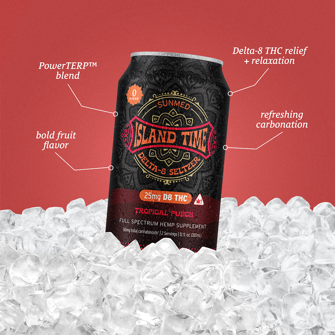 A can of Above Island Time Delta-8 THC Seltzer from Sunmed CBD, featuring the PowerTERP Blend in Tropical Punch flavor, is chilled on ice with product highlights surrounding it.