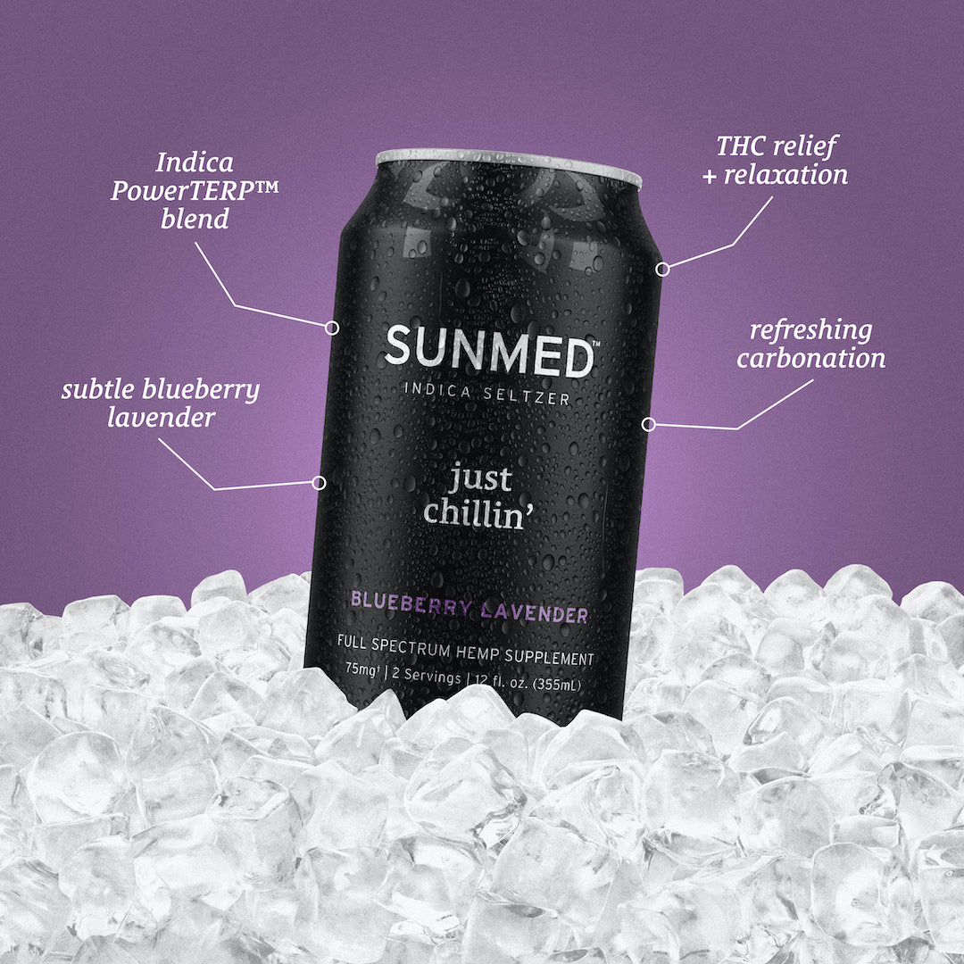 A Beyond Just Chillin' Indica THC Seltzer - 4 Pack from Sunmed CBD with a blueberry lavender flavor sits on ice. The text highlights THC relief, a delicious flavor profile, and refreshing carbonation. With a purple gradient background, it presents the perfect alcohol alternative enhanced by hemp extract for ultimate relaxation.