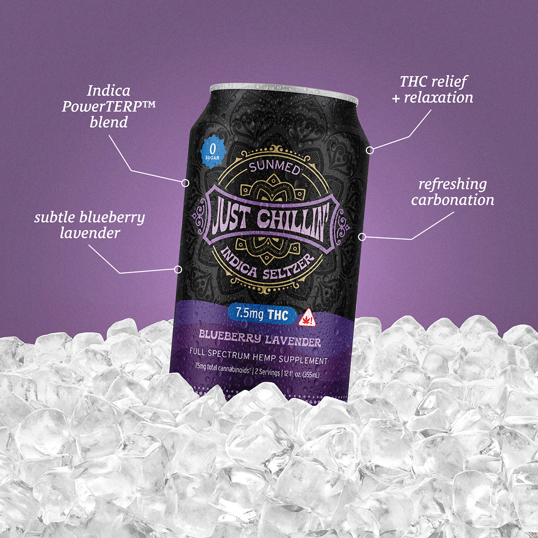 A can of Sunmed CBD's Beyond Just Chillin’ Indica THC Seltzer - 4 Pack is chilled on ice, infused with Hemp Extract and featuring the calming blueberry lavender flavor along with THC information. Experience ultimate relaxation with the Indica PowerTERP™ effect.