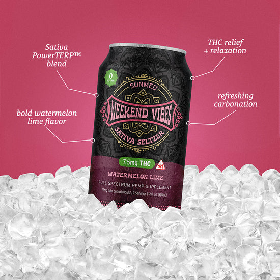 Sunmed CBD's Beyond Weekend Vibes Sativa THC Seltzer - 4 Pack, with its refreshing watermelon lime flavor and enhanced PowerTERP™ Blend, is perfect for chilling on ice. Featuring Delta-9 THC content, this seltzer is designed to elevate your weekend relaxation.